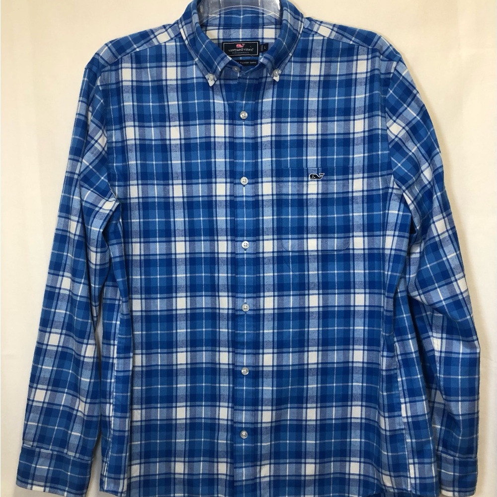 Vineyard Vines Performance Flannel Button Down Blue Plaid Shirt Tucker Fit Large